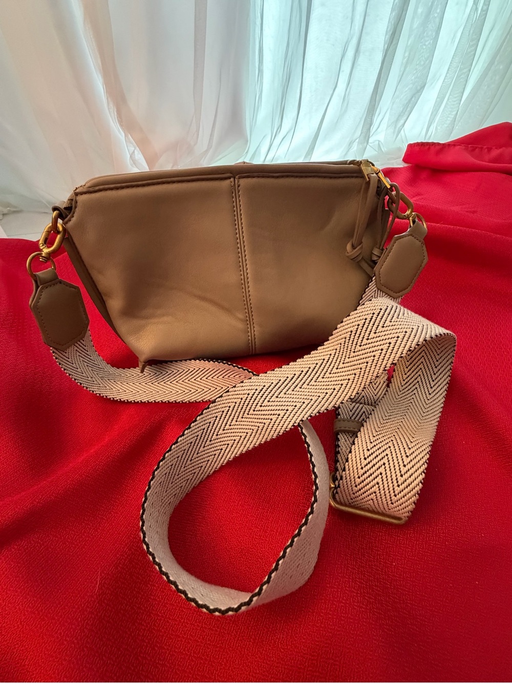 Zara Taupe Crossbody Bag with Cream Herringbone Strap